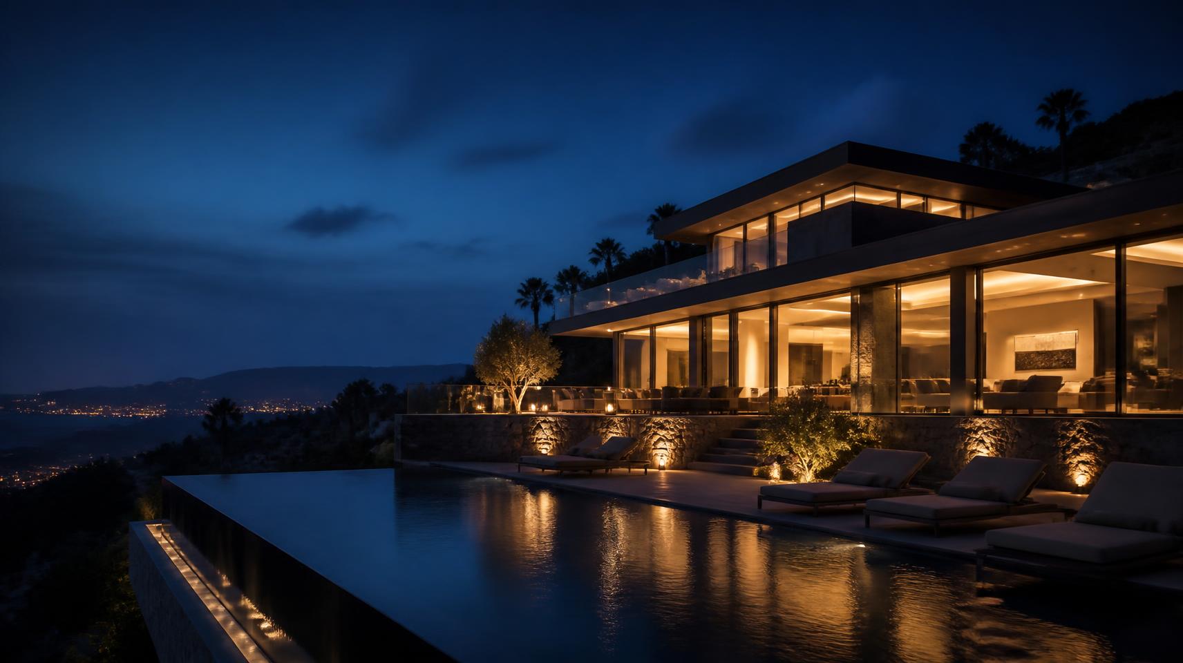 Contemporary luxury villa at dusk with warm interior lighting